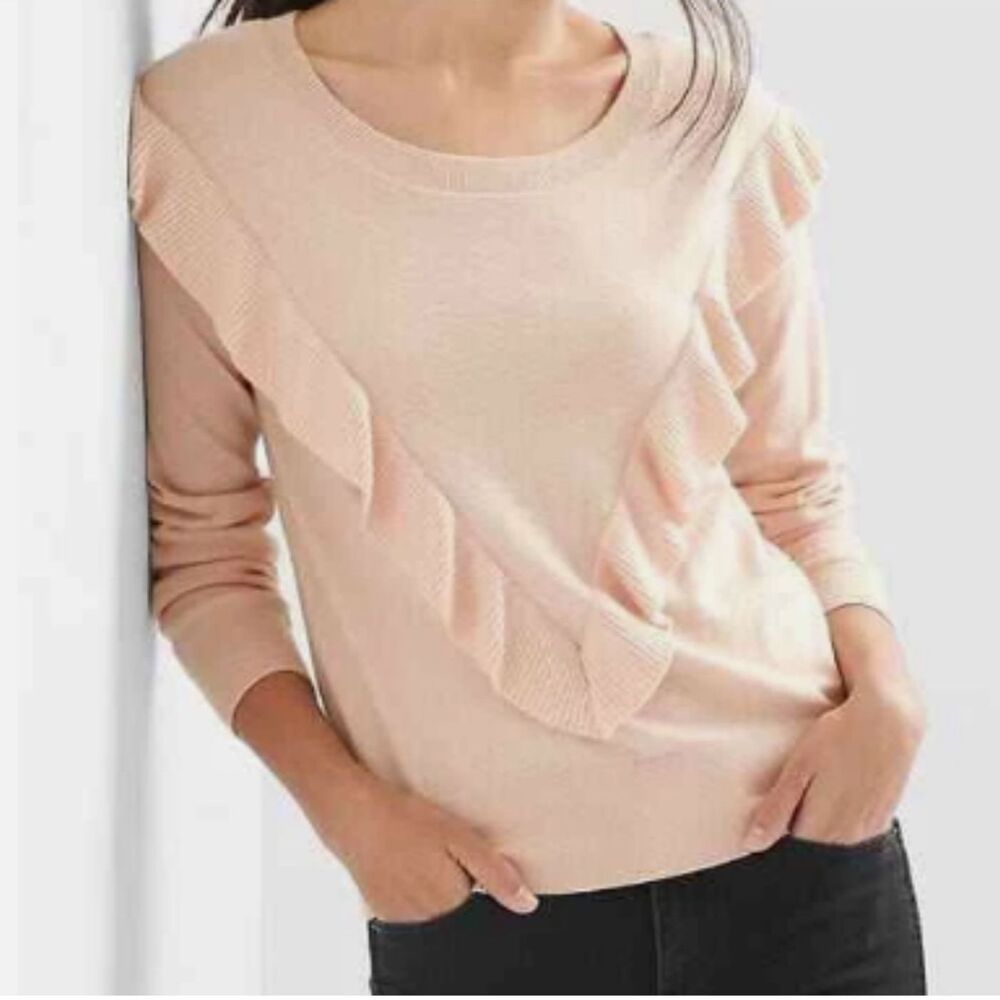 GAP Merino Wool Blend Ruffle Sweater Large Blush Pink Romantic Feminine Preppy